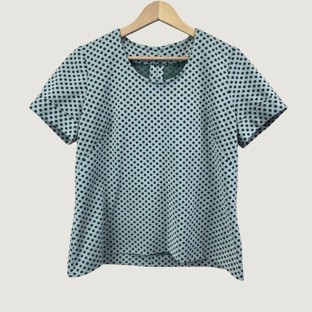 Polka Dot Short Sleeve Top Size M Green White Retro Mod Blouse OOAF handmade